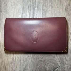 CARTIER Signature Crimson Leather Bi-Fold Vintage Long Wallet Bordeaux Burgundy